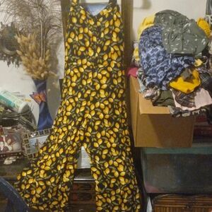 LOFT Black Jumpsuit with Yellow Lemon Print Capris